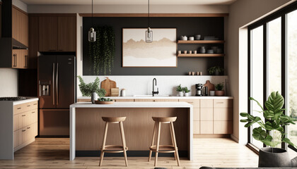 Earth Tone Modern Kitchen Minimalist Decor Interior. Generative Ai