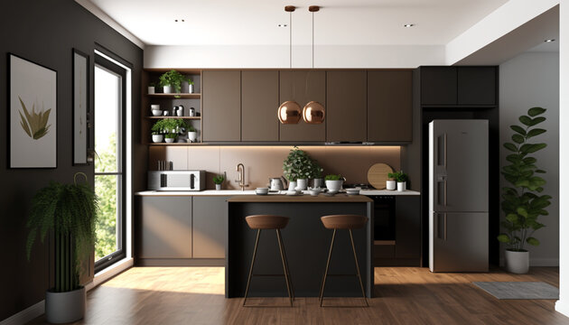 Stylish Modern Kitchen Minimalist Decor Interior. Generative Ai