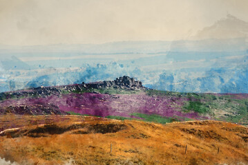 Digital watercolour painting of Lovely Summer day landscape image of Higger Tor vibrant heather viewed from Stanage Edge in Peak District