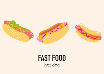 A set of hot dogs with the words fast food on it