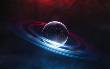 Distant inhabited deep space planet in red and blue starlight. Science fiction. Elements of this image furnished by NASA