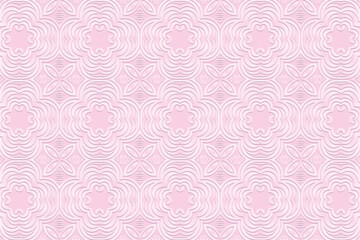 Embossed pale pink background, elegant cover design. Geometric 3D pattern, press paper, leather. Ornaments handmade East, Asia, India, Mexico, Aztecs, Peru. Ethnic boho motifs, art deco.