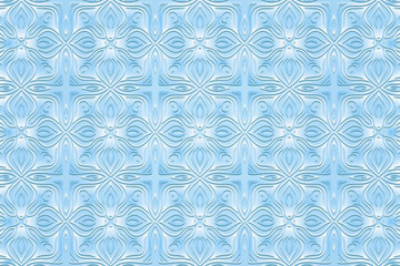 Embossed pale blue background, vintage cover design. Geometric 3D pattern, press paper, leather. Ornaments handmade East, Asia, India, Mexico, Aztecs, Peru. Ethnic boho motifs, art deco.