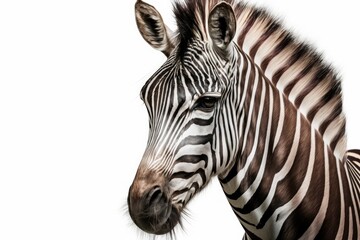 Image of a young male zebra against a white background. Generative AI