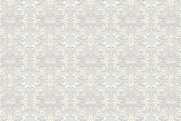 Fototapeta premium Embossed white background, satin cover design. Geometric 3D pattern, press paper, leather. Ornaments handmade East, Asia, India, Mexico, Aztecs, Peru. Ethnic boho motifs, art deco.