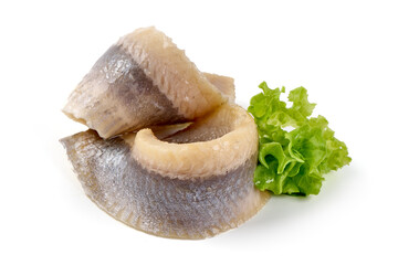 Atlantic salted herring fillet, isolated on white background.