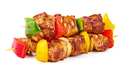 Grilled pork barbecue, roasted shish kebab, isolated on white background.