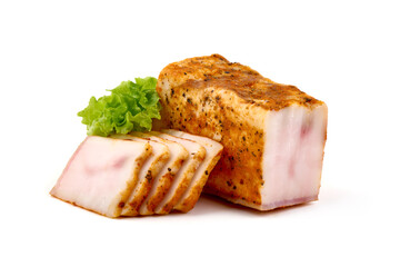 Smoked Salo (pork fatback) with meat layers, isolated on white background.