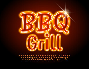 Vector advertising poster BBQ Grill. Bright Glowing Font. Neon Alphabet Letters, Numbers and Symbols set