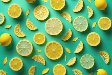 Pattern made of lemon on color background. Generative AI