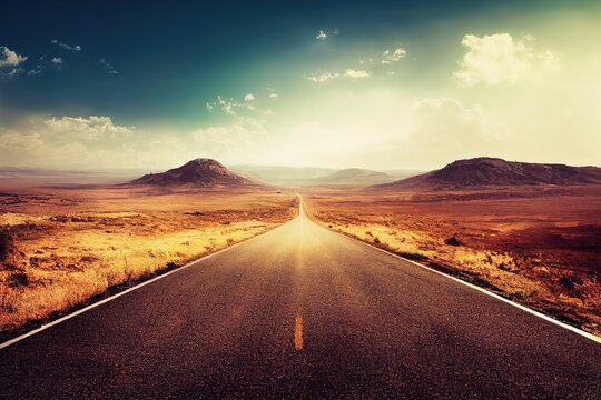 grande route vide vers l'inconnu, chemin centré au milieu du désert ensoleillé 