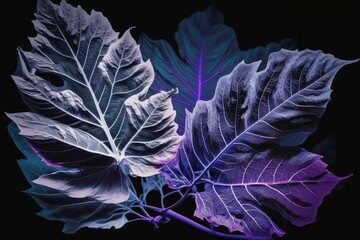 Beautiful purple tropic leaves design. The idea of the supernatural. The flat lay method. Neon and ultraviolet hues. Generative AI