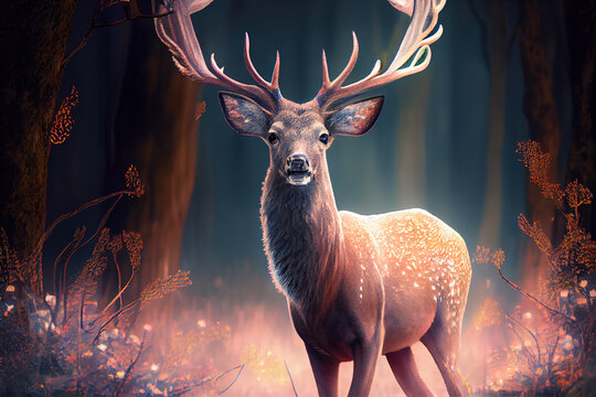 Generative AI: cute pink deer in a snow forest