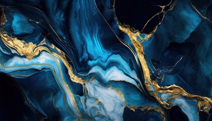 Abstract dark blue marble texture with gold splashes, blue luxury background