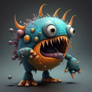 A little creepy blue monster looks away in a cartoon style on a gray background. Two eyes, fantasy creature, teeth, spikes, high resolution, art, generative artificial intelligence