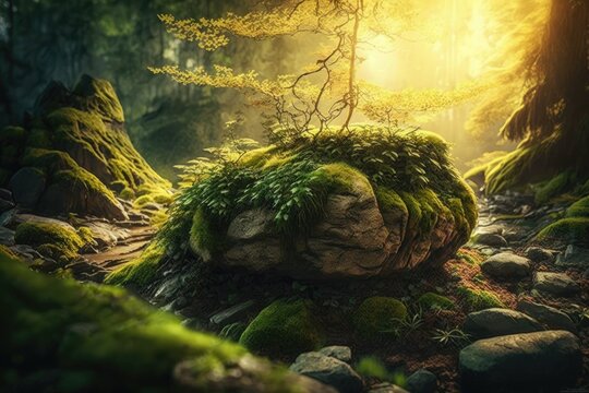 Inspirational forest scene with golden sunlight. Setting in nature ideal for advertising goods. Moss grows on the stones and makes them look green. Generative AI