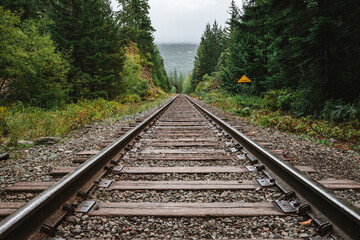 Fototapeta premium Railway in the countryside, train track in West Canada