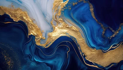 Fototapete Marmor Abstract blue marble texture with gold splashes, blue luxury background