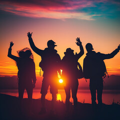 Fototapeta premium Silhouette of a group of friends having a good time and enjoying themselves during the sunset. Generative AI.