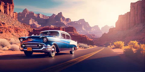 Poster Retro car on a road in canyon.  Ai generated illustration © Maksym Yemelyanov