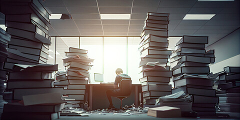 Overworked men under stress in a office full of paper documents, binders and folders. AI generated illustration