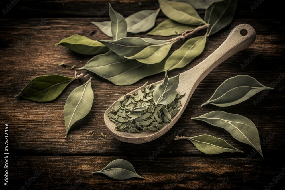 Sticker green tea leaves, dried and in a spoon, on a wooden table. generative ai