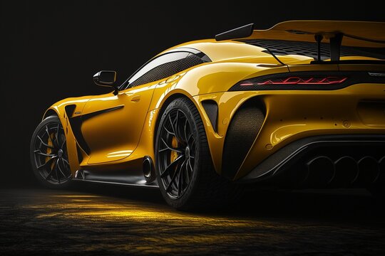 Cool yellow generic sports car in a dark studio background illustrated with generative AI