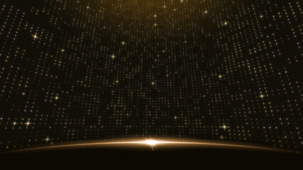 Gold lights rays stage scene for award winning event, abstract particle glitter