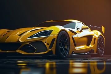 Cool yellow generic sports car in a dark studio background illustrated with generative AI