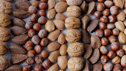 Nuts assortment background. Various nuts with nutshells.
