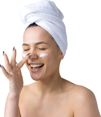 Beauty portrait of woman in white towel on head applies cream to the face. Skincare cleansing eco...