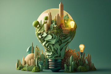 Light bulb ecological green paper collage city, made with Generative AI