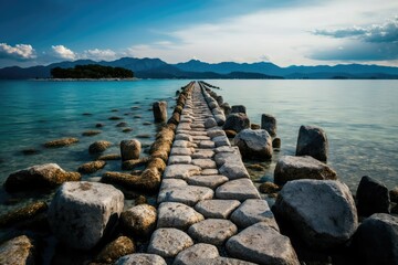Straight rows of stones in the pristine Ionian Sea at Kerkyra, Corfu Island, Greece on October 4, 2019. Greece. Landscape is stunning, with mountains right next to the water and a pirate ship in the d