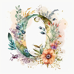 Floral watercolour design letter O created using generative AI tools