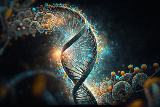 The DNA Journey. An illustration representing the evolution of human DNA through time. Ai generated.
