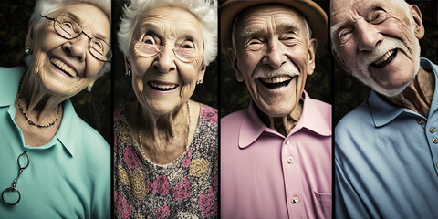 Four elderly people smiling to the camera downward - Generative AI