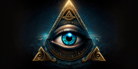 The All-Seeing Eye of the Illuminati in a Triangle, Illustrated - obrazy, fototapety, plakaty