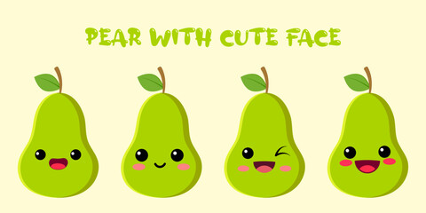 CUTE PEAR ,HAPPY CUTE SET OF SMILING PEAR FACE . VECTOR ILLUSTRATION