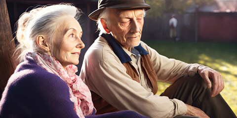 Obraz premium A happy elderly couple seating outdoor in the sunlight - Generative AI