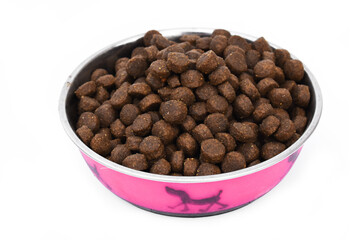 Dog food in a silver bowl. In the center. Copy, text sapce.