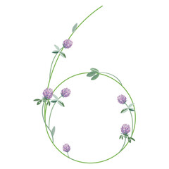 Numeral six with red clover branches. Floral font. Number 6. Isolated vector illustration.