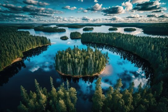 Finnish scenery captured by drone flight over lakes and forests. Generative AI
