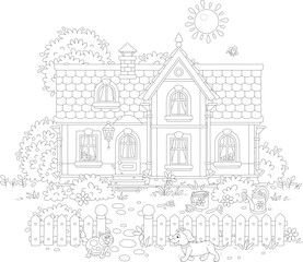 Funny cat and dog walking around a pretty country house and a small courtyard with a fence, trees and bushes on a sunny summer day, black and white vector cartoon for a coloring book
