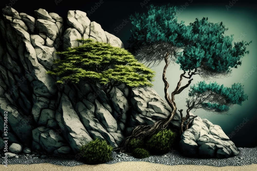 Poster trees and rocks for a backdrop. generative ai