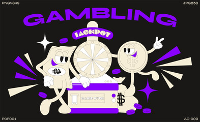 Casino cartoon characters and 90s money. Fashion poster. funny colorful characters in doodle style, gambling, currency, dollar, bitcoin with gloved hands. Vector groovy illustration with typography
