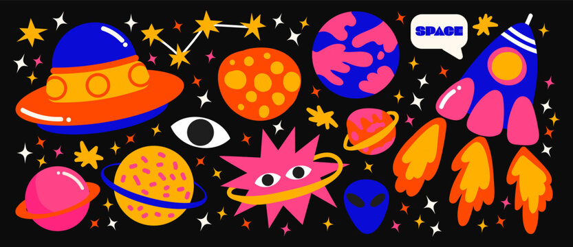 Cartoon retro space stickers. Galaxy, planets, ufo, stars in groovy style. Hippie style, vector doodle illustration