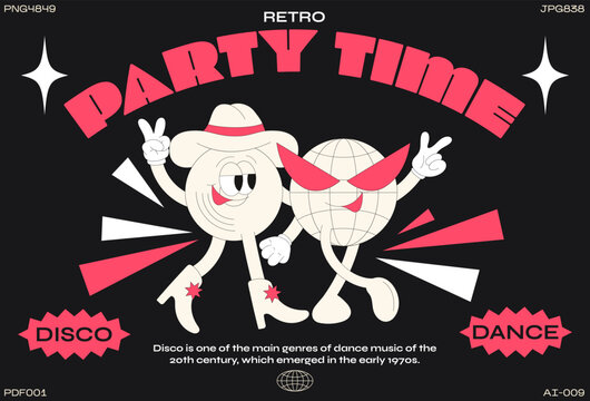 Cartoon characters retro party 90s. Fashion poster. funny colorful characters in doodle style cowboys, disco ball, music, star, dancing with gloved hands. Vector groovy illustration with typography