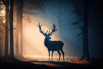 Deer in the dark foggy forest in at dawn morning sunrise, Generative AI