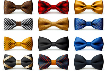 A set of various colorful masculine visual style bow tie designs isolated on white background. Generative AI