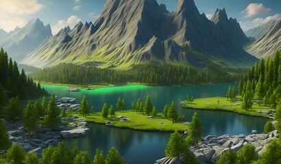 Beautiful lake with rocks, mountains in the background, green forest, paradisiacal image, Generated by AI